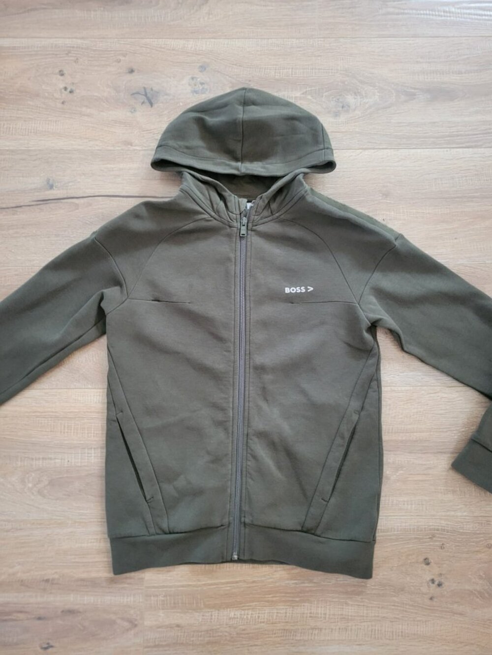 GUC BOSS Boys Khaki Green Zip Up Hooded Jacket size 12years or Youth XS